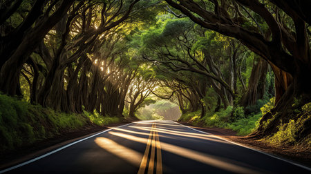 Road through the tunnel of old oak trees at sunset, New Zealandの素材