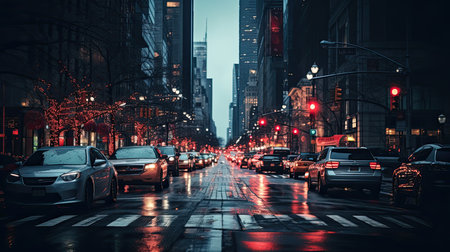 Traffic on the street at night in New York City, USA.の素材