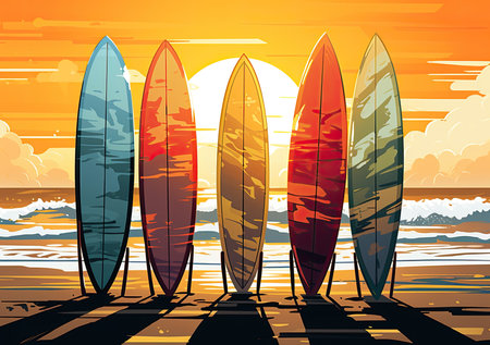 Surfboards on the beach at sunset. Vector illustration EPS10の素材