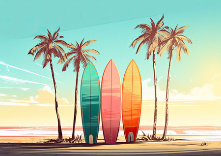 Surfboards on the beach in retro style. Vector illustration.の素材