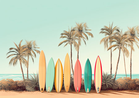 Surfboards on the beach with palm trees. Vintage style.の素材
