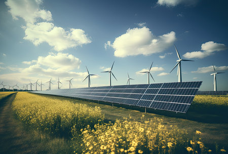 solar energy panels and wind turbines in a field of yellow flowersの素材