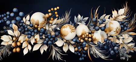 Christmas and New Year background with gold balls, berries and leaves.の素材