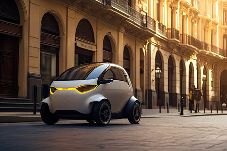 Modern electric car in the city at night. Concept of ecological transport.の素材