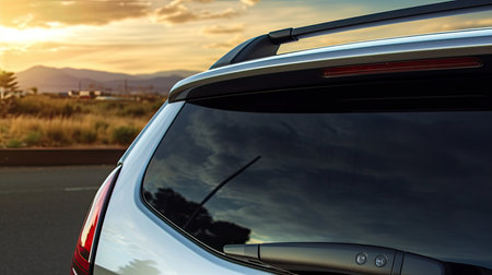 Car on the road at sunset. Rear view of a car.の素材