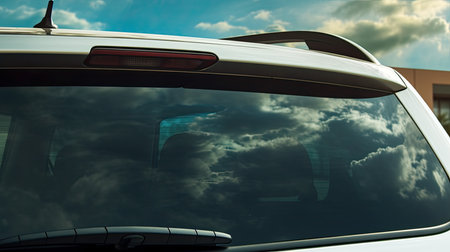 View from the back of a car with cloudy sky in the backgroundの素材