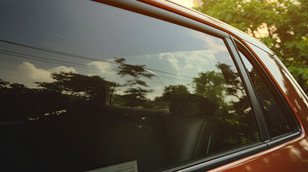 Close-up of the rear view mirror of a red car.の素材