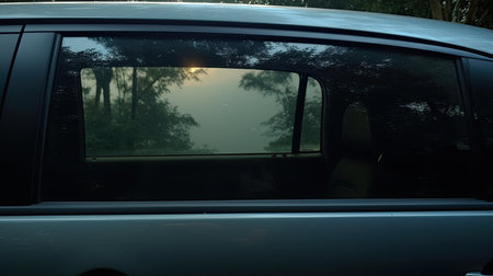 Car on the road at night with fog and trees in the backgroundの素材