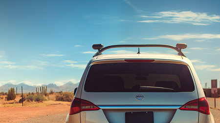 Rear view of a white car on the road in the desertの素材
