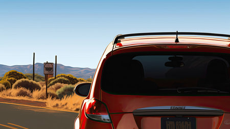 Red compact car on the road in the desert. 3d renderingの素材