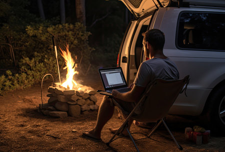 Man using laptop while sitting near campfire in forest at night.の素材