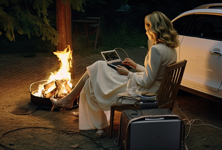 Young beautiful woman sitting near the campfire and using laptop computer.の素材