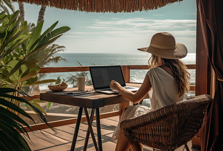 Young woman working with a laptop on a terrace overlooking the seaの素材