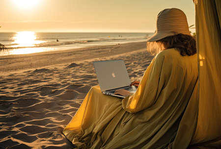 Woman using laptop on the beach at sunset. Freelance concept.の素材