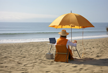 Back view of a woman working on a laptop while sitting on a beachの素材