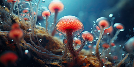 3d illustration of spermatozoons floating in the water, scientific backgroundの素材