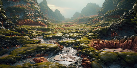 Fantasy alien planet. Mountain and sea. 3D illustration.の素材