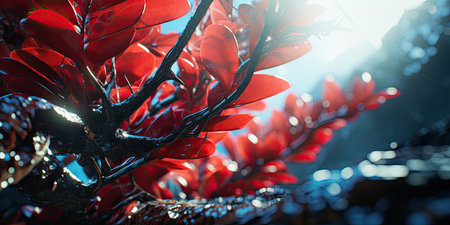 3D rendering of a fantasy plant with red leaves in the sunlightの素材