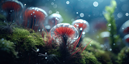 3d illustration of fantasy mushrooms in the forest with moss and bokehの素材