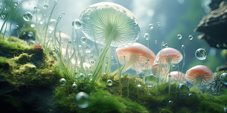 Mushrooms in the rainforest with water drops. 3d illustrationの素材
