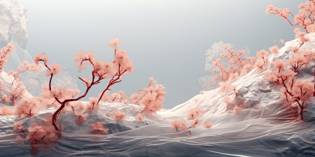3D rendering of a snow covered landscape with cherry blossoms.の素材