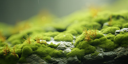 Green moss on rock with blurred background. Macro shot. Selective focus.の素材