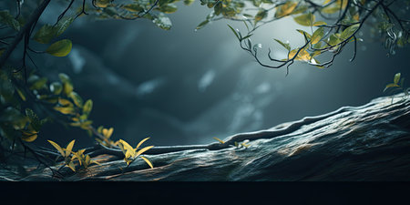 3d rendering of a dark forest with trees and plants in the foregroundの素材