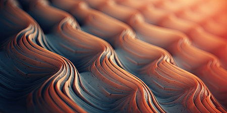 3d rendering of abstract metallic background in orange and black tones with wavesの素材