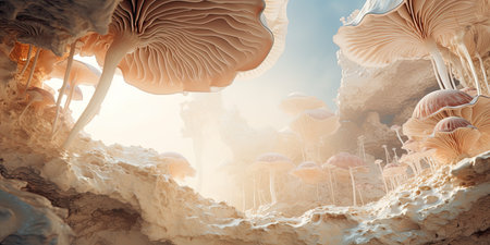 Fantasy landscape with mushrooms. 3d rendering, 3d illustration.の素材