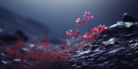 3d render of a red plant growing on a rock in the darkの素材