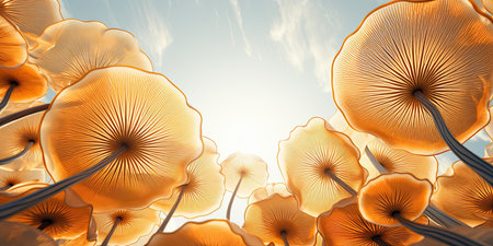 3d rendering of abstract yellow flowers in blue sky with clouds backgroundの素材