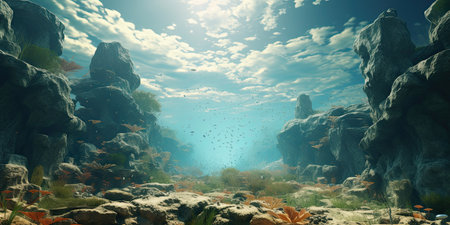 Underwater scene with fishes and coral reef. 3d render.の素材