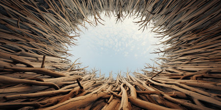 Aerial view of tree roots and blue sky. 3D renderingの素材