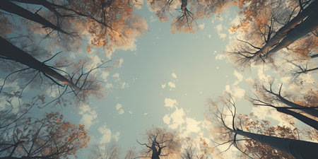 Autumn forest with trees and blue sky. 3D Renderingの素材