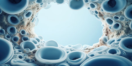 3d rendering of an abstract background with blue and white blood cellsの素材