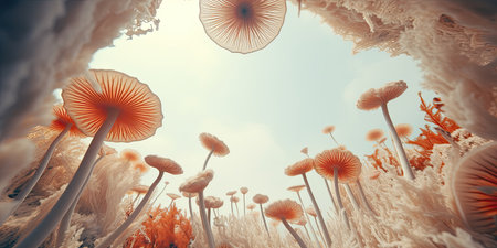 3d illustration of abstract background with mushrooms and sky. 3d renderingの素材