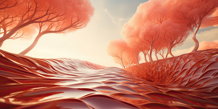 3d illustration of abstract landscape with red trees. Nature composition.の素材