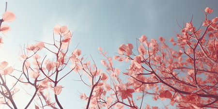 Pink flowers on sky background. Nature background. Vintage style tonedの素材