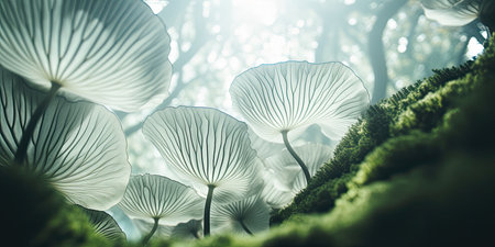 Close up of beautiful white mushrooms growing in the green mossy forest.の素材