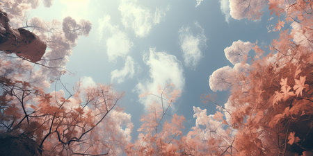 Autumn leaves against blue sky with white clouds 3d-illustrationの素材