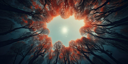 3D illustration of a fantasy forest with trees and a bright sunの素材