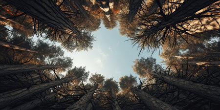 Pine tree forest with blue sky. 3d render illustration.の素材