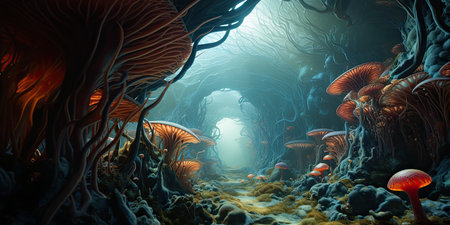 Fantasy landscape with mushrooms in a cave. 3D illustration.の素材