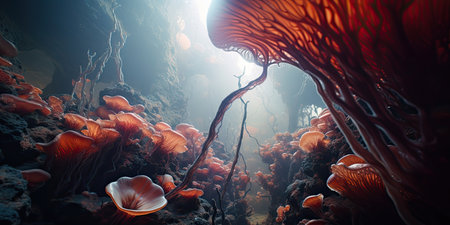 Mushrooms growing on a coral reef. 3D illustration.の素材