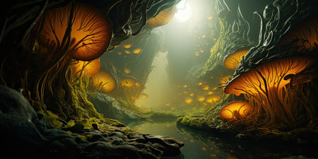 Fantasy landscape with mushrooms in the cave. 3d illustration.の素材