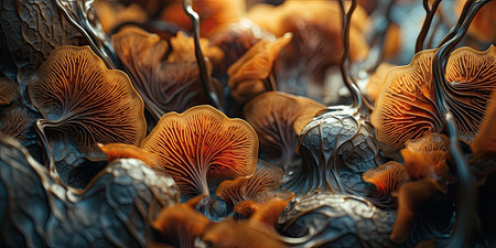 Close-up of a group of orange mushrooms growing in the forestの素材