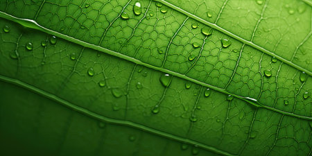 Green leaf with water drops close-up. Natural background for design.の素材