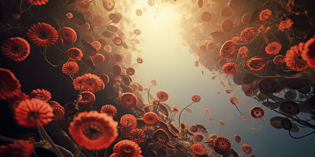 3d illustration of red flowers over dark background with space for textの素材