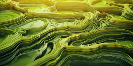 3d render, abstract background with yellow and green waves in waterの素材