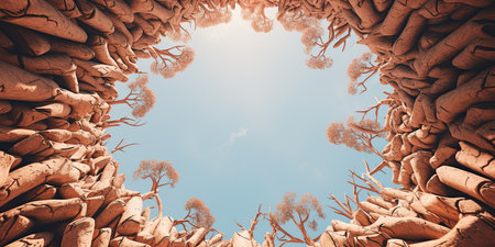 Fantasy forest with trees and blue sky background. 3d renderingの素材